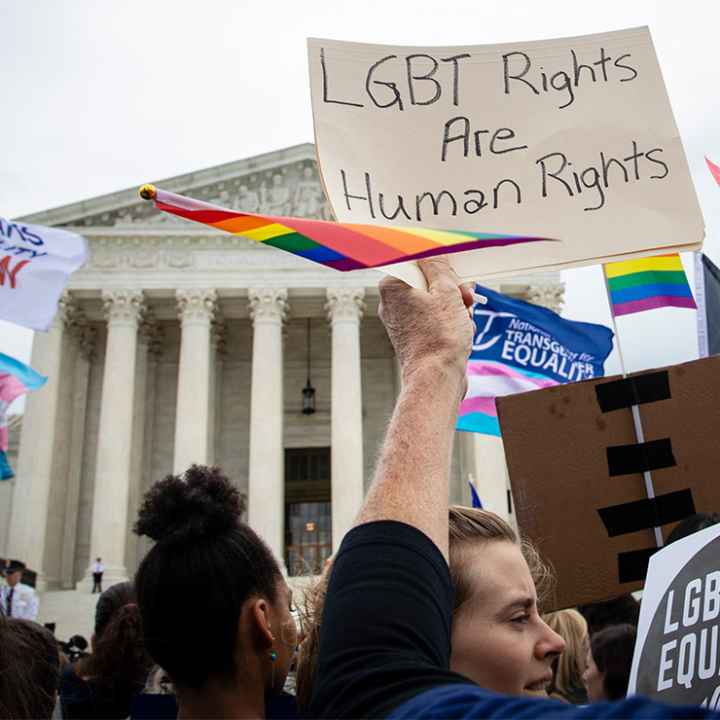 Demonstrators outside the Supreme Court with signs advocating for the rights of LGBT people.