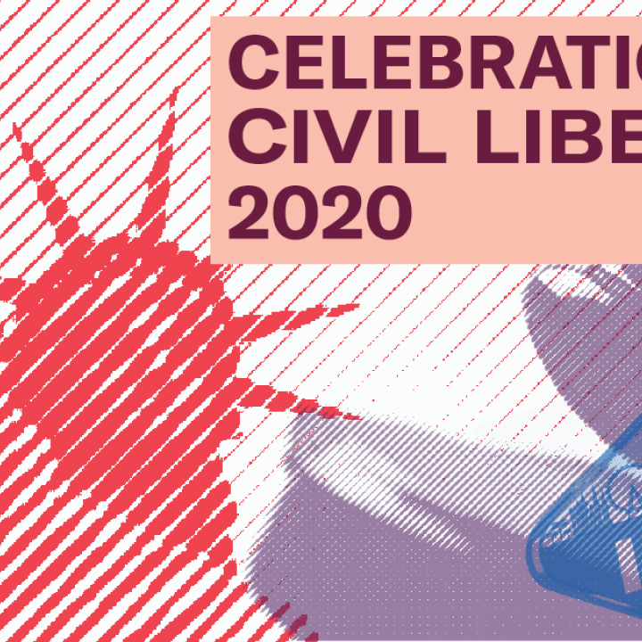 Graphic promoting the ACLUNV's 2020 Celebration of Civil Liberties shows the Statue of Liberty, a gavel, and an "I voted sticker"