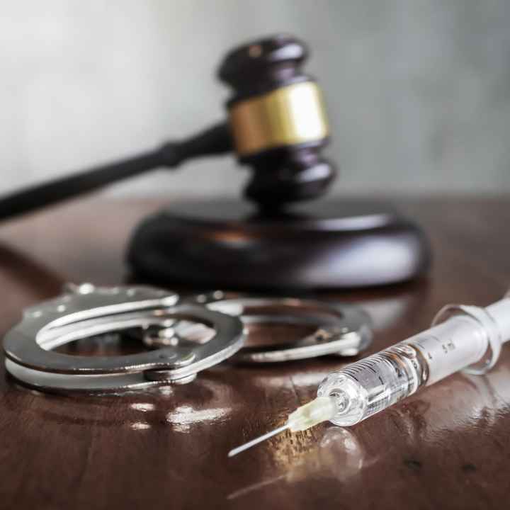 A gavel, a pair of handcuffs, and a syringe sitting on a desk.